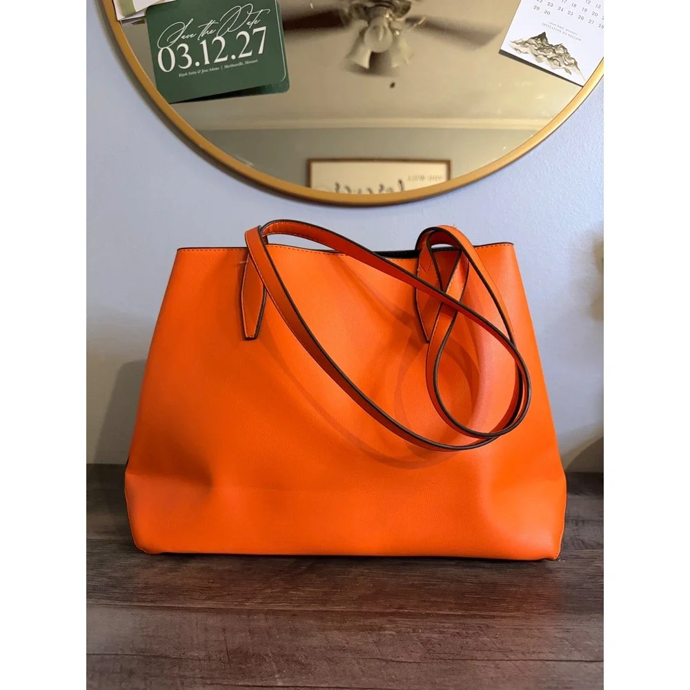 Kate Spade New York Orange Leather Tote Bag Shoulder Purse Gold Logo